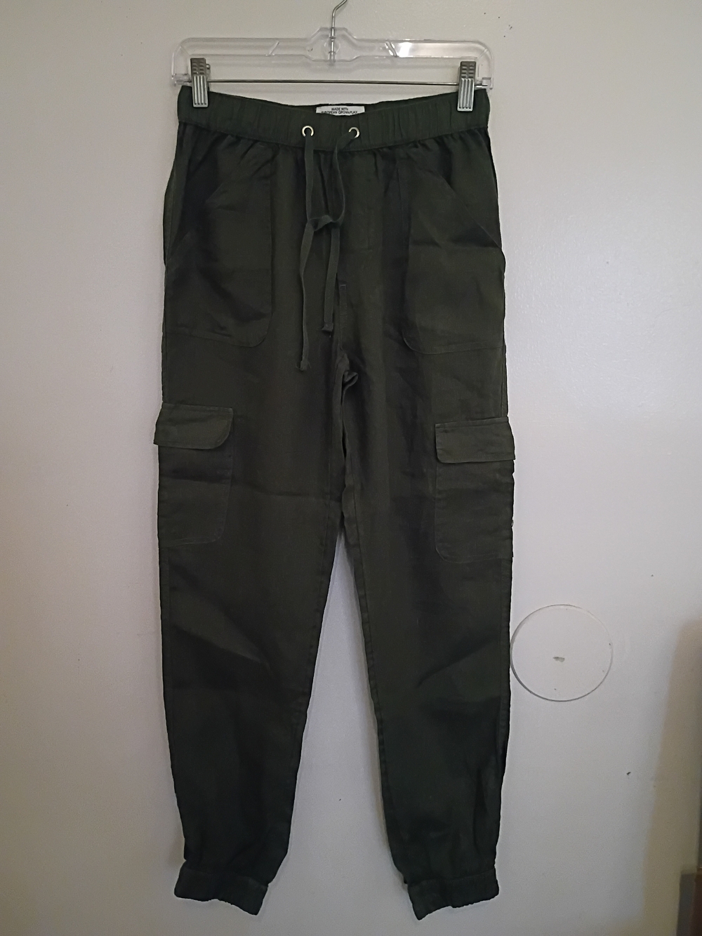 Nicole Miller Olive Green Cargo Joggers Linen Sz S